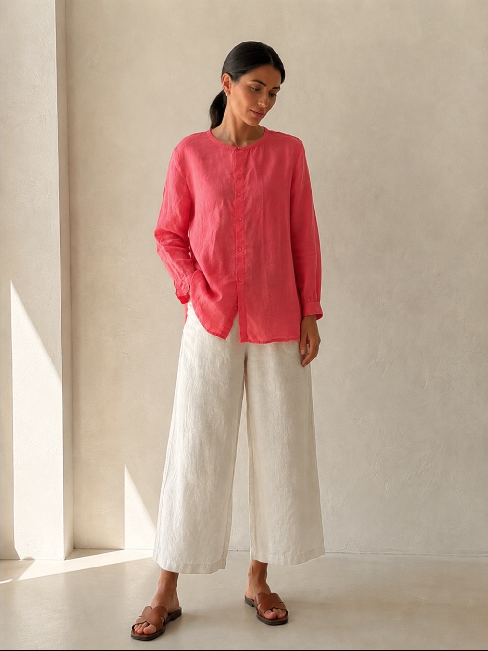 Eileen Fisher Organic Linen High Low Tunic Shirt Coral Pink Est. L